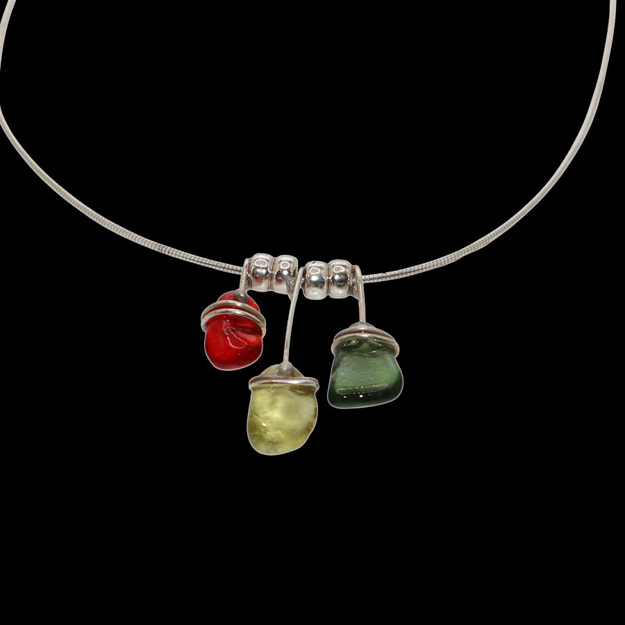 Tri-colored sea glass with sterling silver wraps necklace