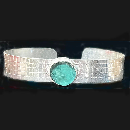 Aquamarine Sea glass with textured cuff