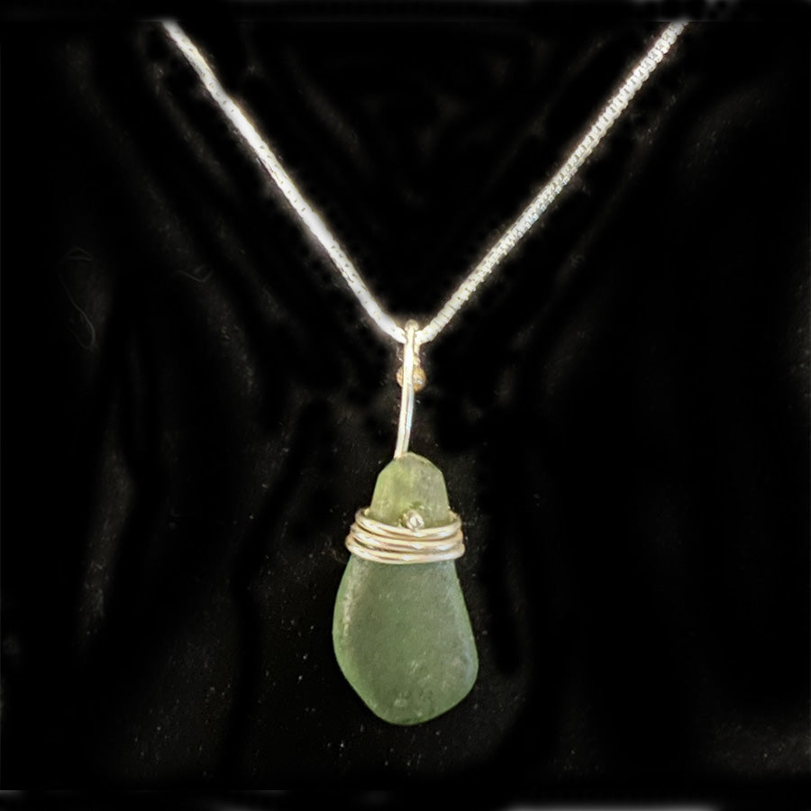 Sterling silver green sea glass pendant necklace