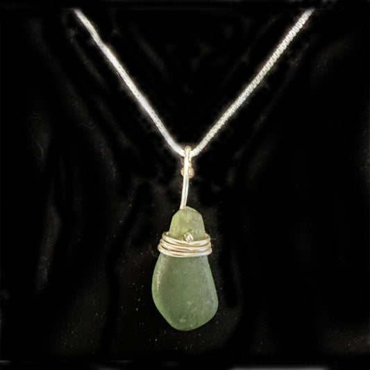 Sterling silver green sea glass pendant necklace