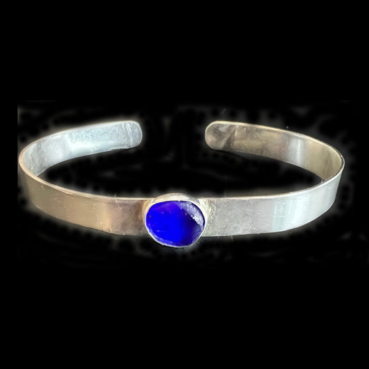 Sterling silver cuff with real cobalt blue sea glass,, sized 7.5"