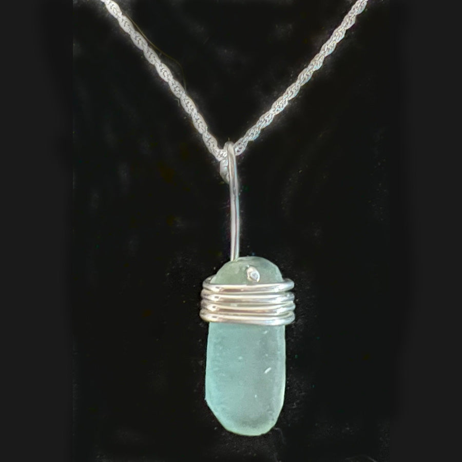 aqua sea glass with 4 wraps of sterling silver wire and rope chain