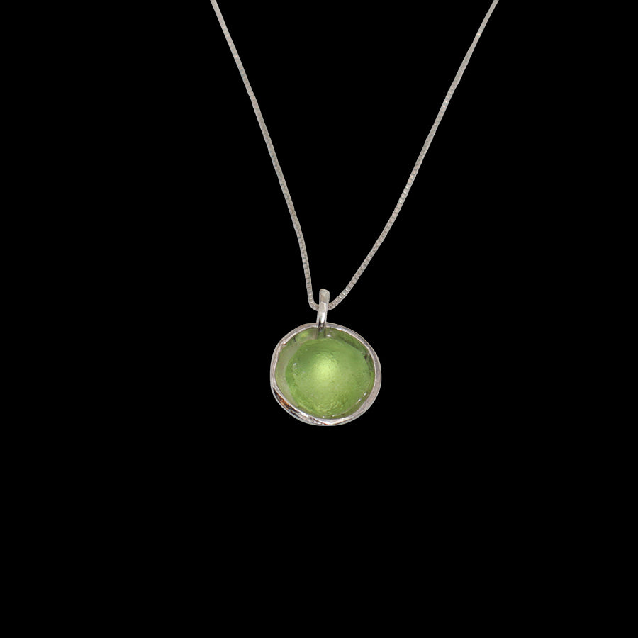 Green sea glass in silver cup necklace